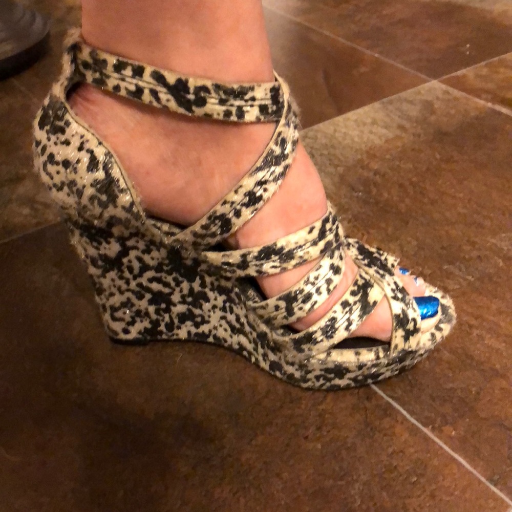 Cow print wedge heels